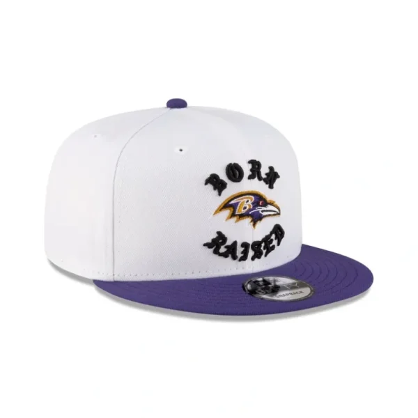 Best Sale Born x Raised Baltimore Ravens White 9FIFTY Snapback - KTGCaps - Baseball caps for various teams, purchased online at a discount