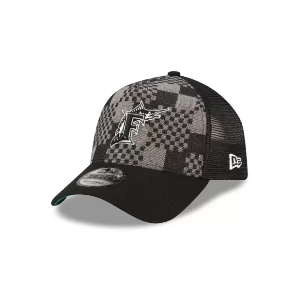 Caps* Miami Marlins Pattern Denim 9FORTY AFrame Trucker Hat - KTGCaps - Baseball caps for various teams, purchased online at a discount